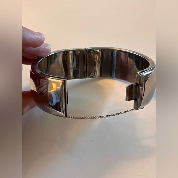 Vintage Silver Hinged Bangle Bracelet silver tone with chain chunky classic - Picture 12 of 12
